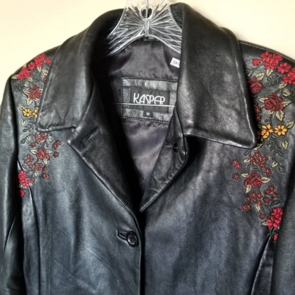 Kasper Leather Floral Embroidered Jacket Black M - Picture 3 of 8